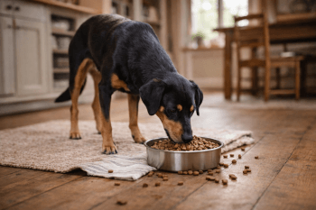 Chien : Un Chien Courant du Småland qui mange des croquettes