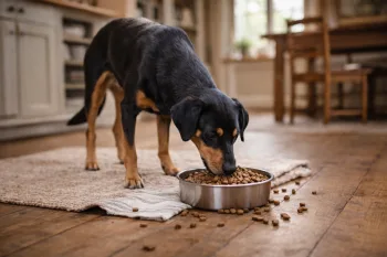 Chien : Un Chien Courant du SmÄland qui mange des croquettes