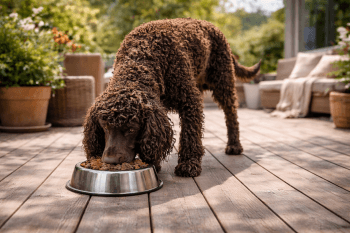 Chien : Un Épagneul d'Eau Irlandais qui mange des croquettes