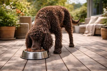 Chien : Un Épagneul d'Eau Irlandais qui mange des croquettes
