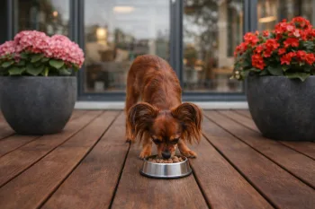 Chien : Un Petit Chien Russe qui mange des croquettes