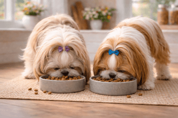Chien : Un Shih Tzu qui mange des croquettes
