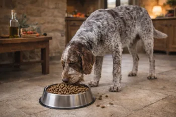 Chien : Un Spinone qui mange des croquettes