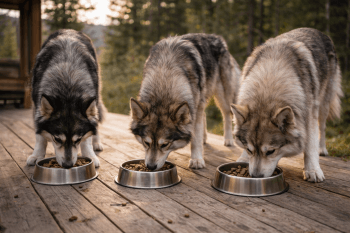 Chien : Un Utonagan qui mange des croquettes