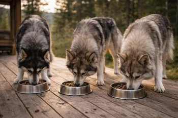 Chien : Un Utonagan qui mange des croquettes