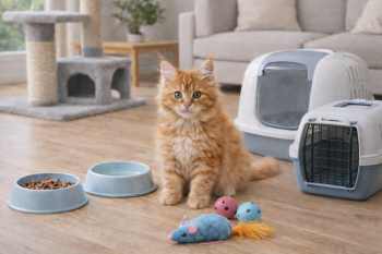 Chaton Maine Coon entouré des accessoires indispensables pour préparer son arrivée à la maison : arbre à chat, gamelles, jouets, maison de toilette et caisse de transport.