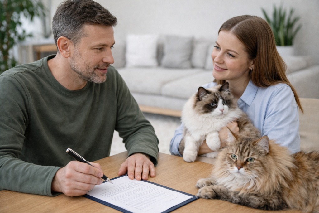 Propriétaire et pet-sitter discutant d’un contrat de garde posé sur une table, avec deux chats présents dont un dans les bras