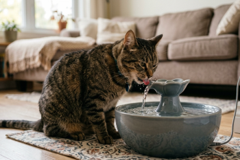 Chat buvant dans une fontaine à eau pour chat en céramique dans un intérieur lumineux