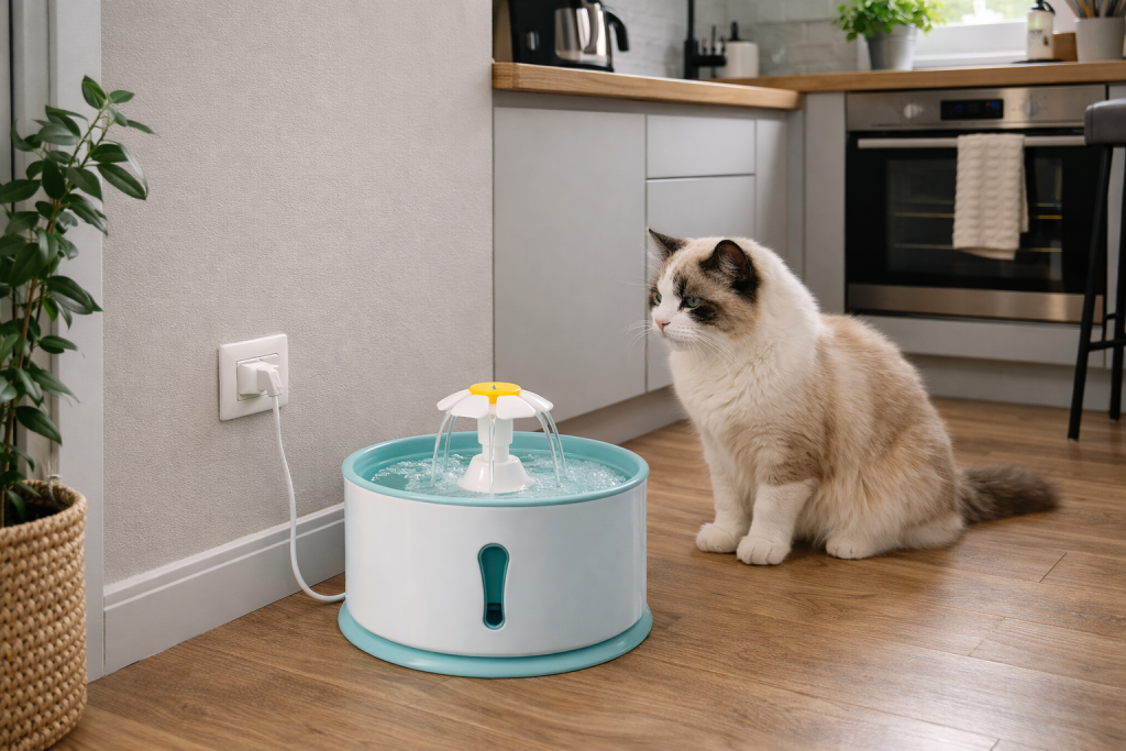 Chat observant une fontaine à eau pour chat branchée dans un coin de cuisine moderne.