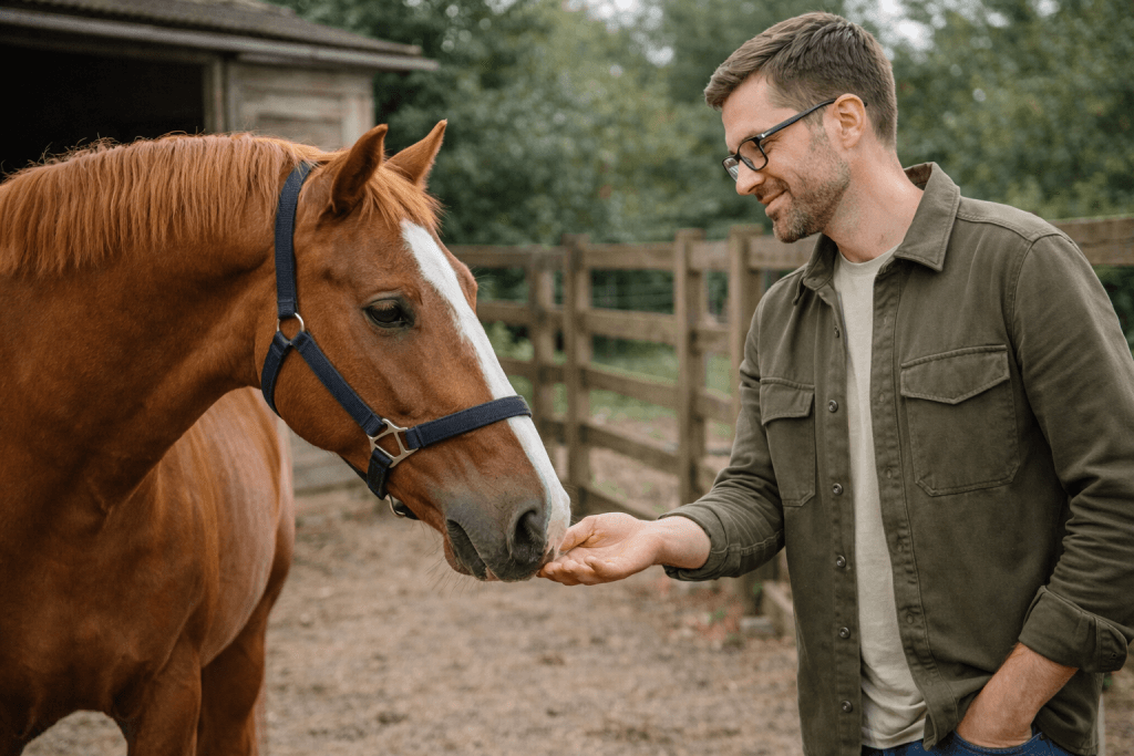 Pet-sitter debout faisant connaissance avec un cheval dans un enclos extérieur, interaction naturelle et respectueuse
