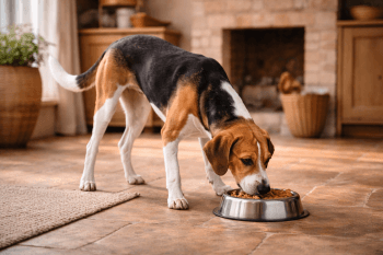 Chien : Un Harrier qui mange des croquettes