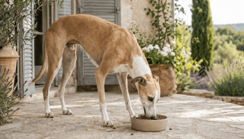Chien : Un Lévrier Hongrois qui mange des croquettes