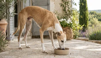 Chien : Un Lévrier Hongrois qui mange des croquettes