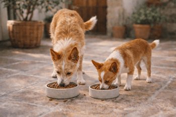 Chien : Un Podengo Portugais qui mange des croquettes