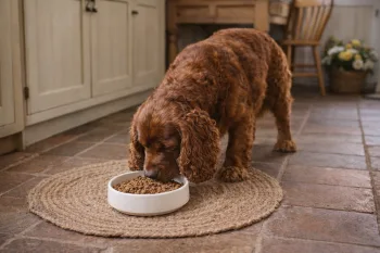 Chien : Un Sussex Spaniel qui mange des croquettes