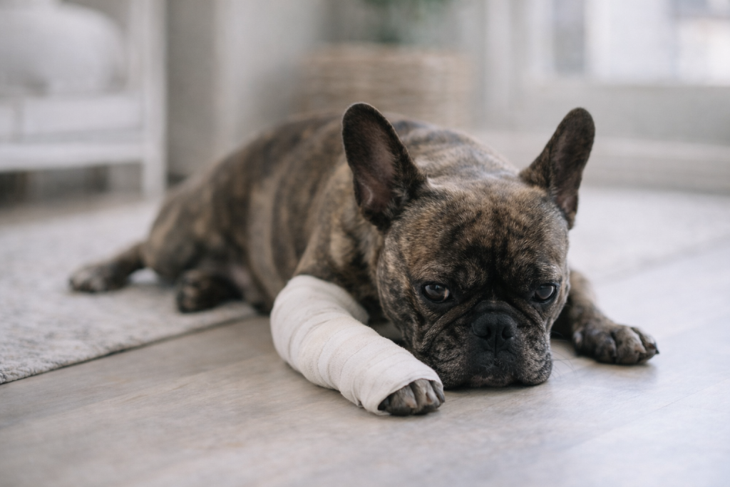 Bouledogue français avec une patte plâtrée après une blessure, allongé à la maison
