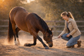 Femme entraînant un cheval à faire la révérence avec une cravache de dressage dans une carrière au coucher du soleil