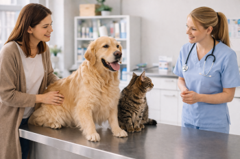 Chien et chat en consultation chez le vétérinaire avec leur propriétaire évoquant les frais de santé et l’assurance