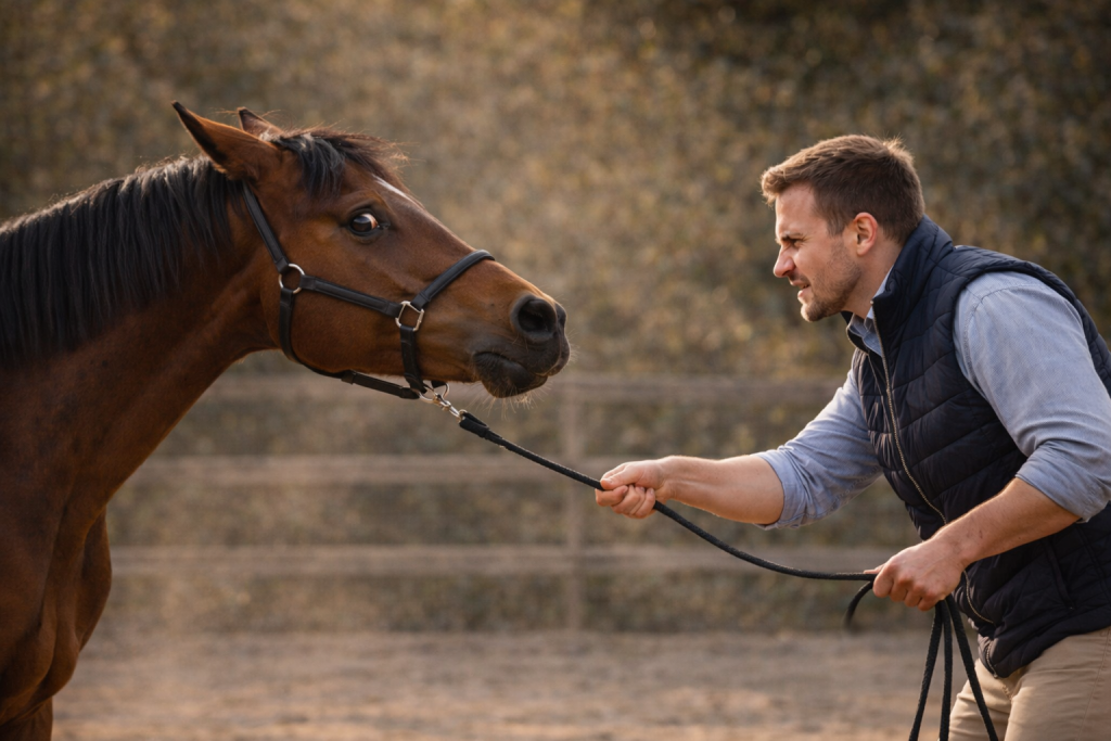 Homme tirant sur une longe face à un cheval stressé aux oreilles en arrière dans une carrière extérieure