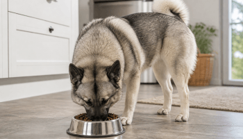 Chien : Un Chien d'Élan Norvégien Gris qui mange des croquettes