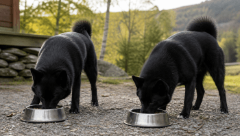 Chien : Un Chien d'Élan Norvégien Noir qui mange des croquettes