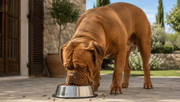 Chien : Un Dogue de Bordeaux qui mange des croquettes