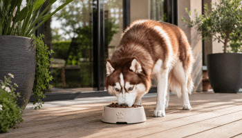 Chien : Un Husky de Sibérie qui mange des croquettes