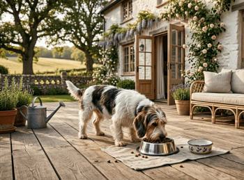Chien : Un Petit Basset Griffon Vendéen qui mange des croquettes