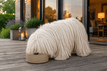 Chien : Un Puli qui mange des croquettes