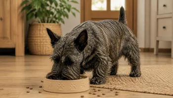 Chien : Un Scottish Terrier qui mange des croquettes