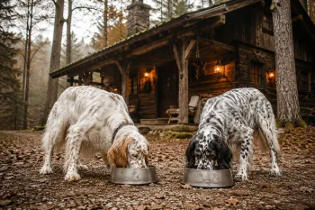 Chien : Un Setter Anglais qui mange des croquettes