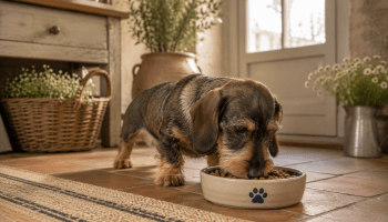 Chien : Un Teckel qui mange des croquettes