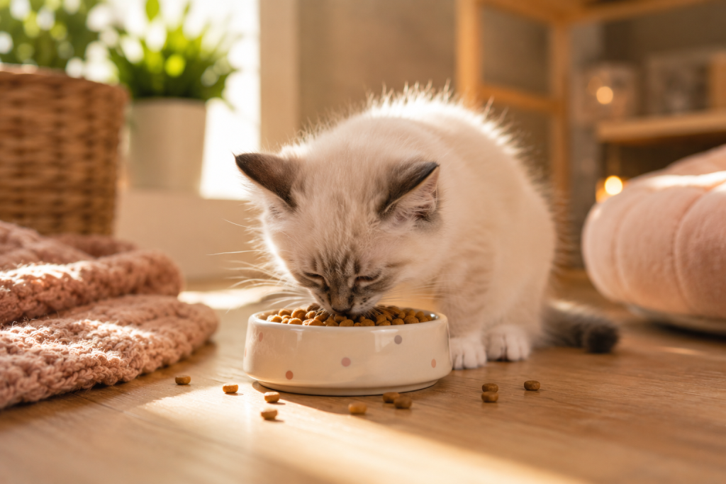 Chaton en train de manger des croquettes dans une petite gamelle dans un intérieur chaleureux.