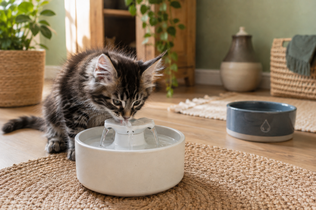 Chaton Maine Coon buvant à une fontaine à eau avec une gamelle d’eau en arrière-plan pour encourager l’hydratation