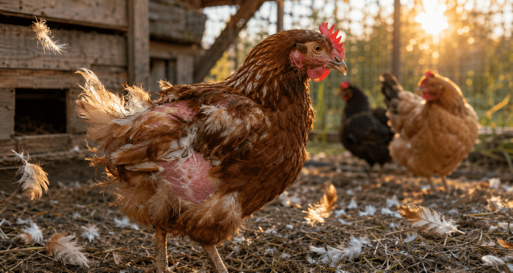 Poule avec importante perte de plumes et zones dénudées pouvant évoquer un problème de santé