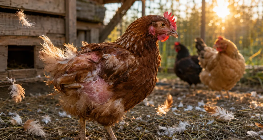Poule avec importante perte de plumes et zones dénudées pouvant évoquer un problÚme de santé