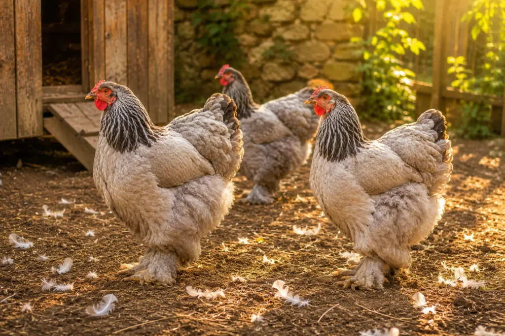 Poules Brahma dans un poulailler rustique avec quelques plumes au sol pendant la mue