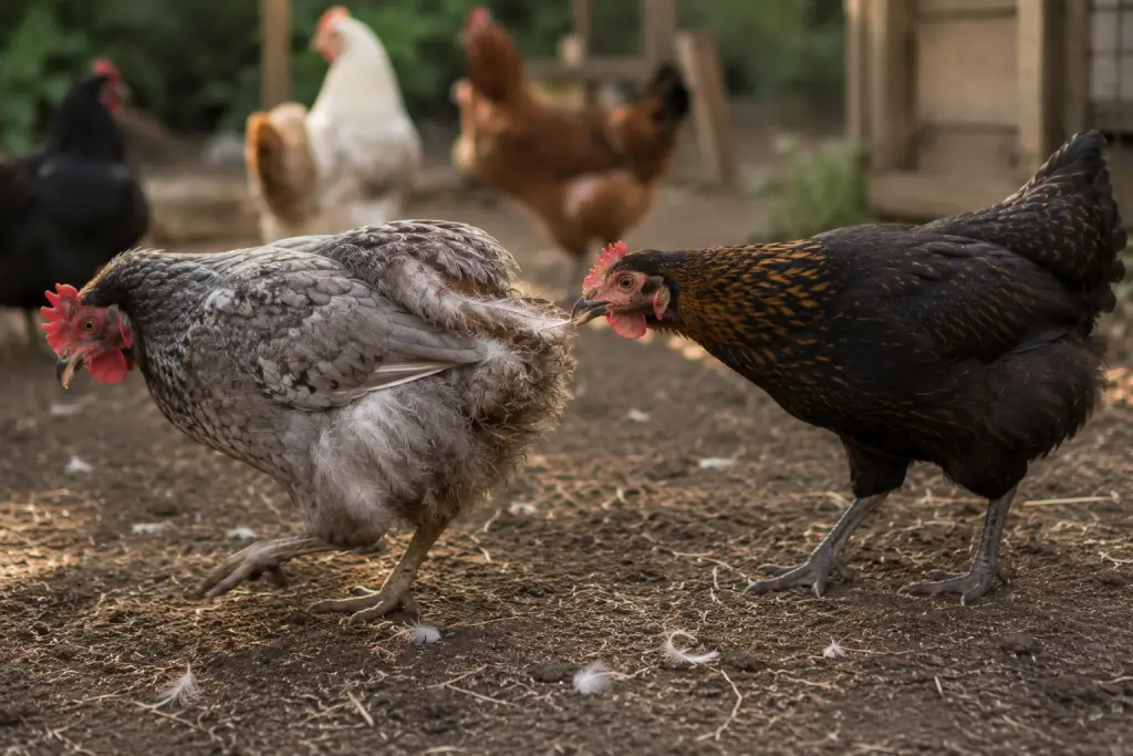 Deux poules dans une basse-cour en train dâinteragir de maniĂšre tendue, lâune donnant un coup de bec Ă lâautre dans une scĂšne illustrant le picage de plumes chez les poules.