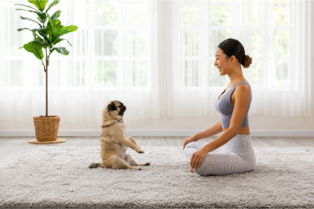 Femme assise sur un tapis avec un chien carlin dans un intérieur lumineux pour illustrer la vie avec un chien malgré les allergies.