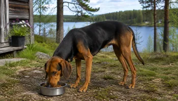 Chien : Un Chien Courant de Schiller qui mange des croquettes