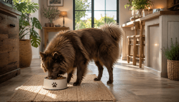 Chien : Un Grand Spitz qui mange des croquettes