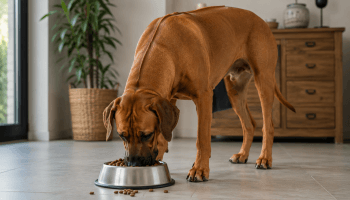 Chien : Un Rhodesian Ridgeback qui mange des croquettes