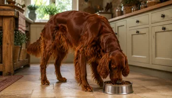 Chien : Un Setter Irlandais Rouge qui mange des croquettes