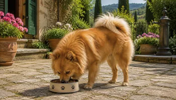 Chien : Un Volpino Italiano qui mange des croquettes