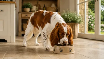 Chien : Un Welsh Springer Spaniel qui mange des croquettes