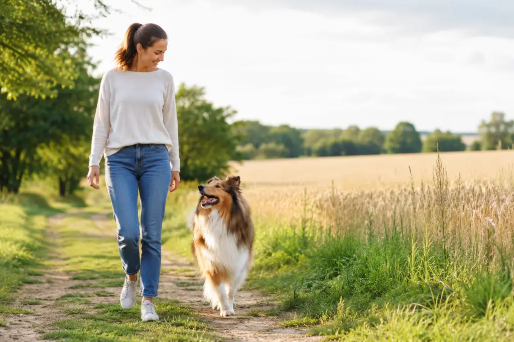 Dog-sitter promenant un Colley sur un chemin de campagne bordé de champs.