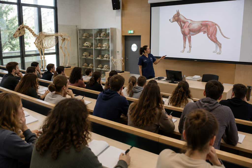 Étudiants en médecine vétérinaire assistant à un cours d'anatomie animale dans un amphithéâtre universitaire.