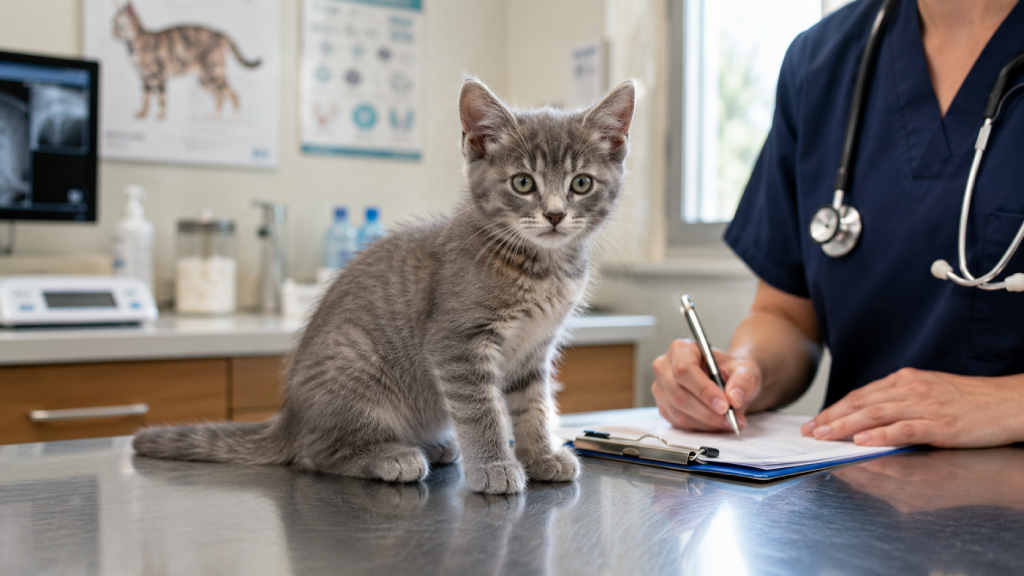 Chaton gris aux yeux verts sur une table d'examen chez le vétérinaire lors d'une consultation de santé.