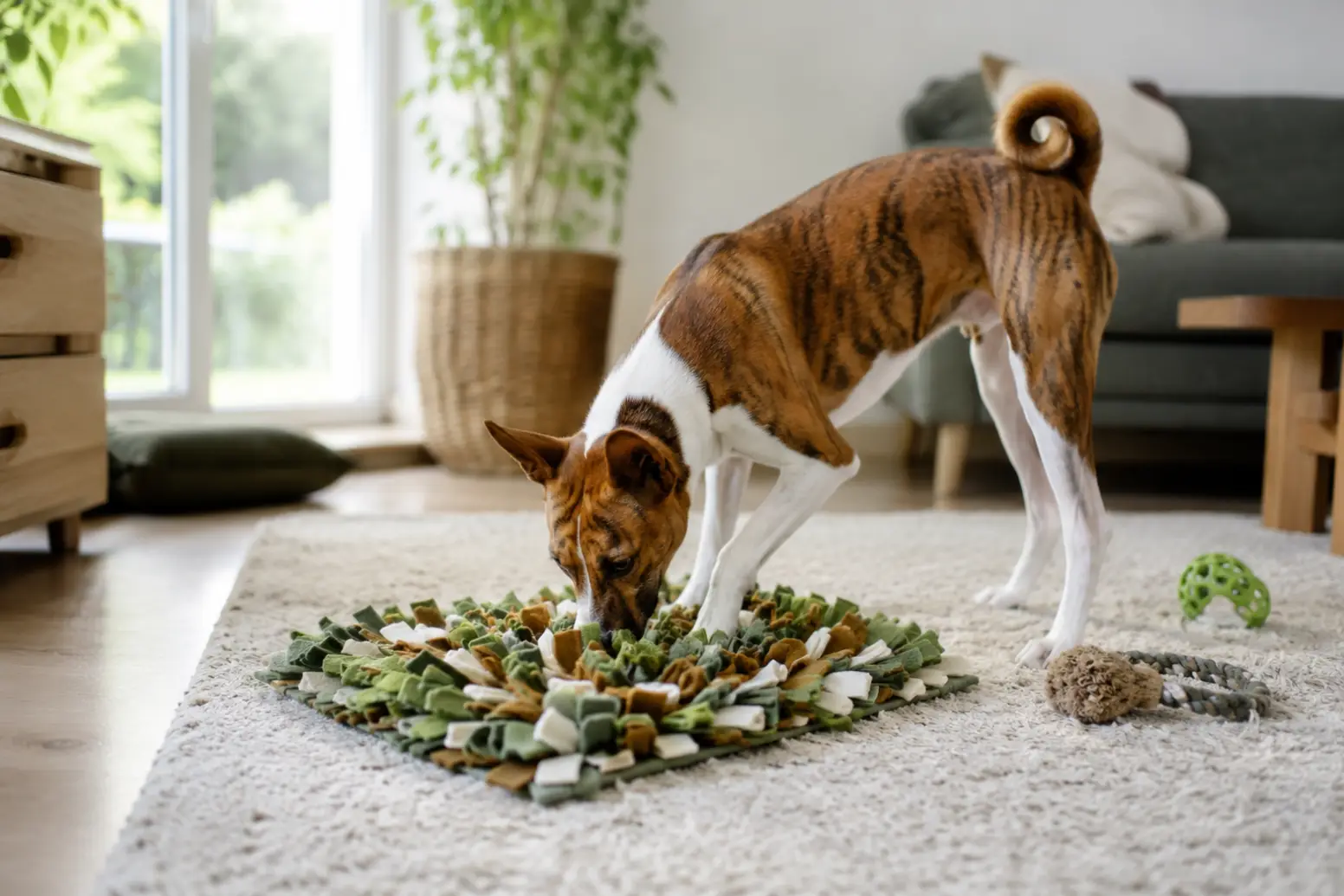 Chien occupé avec un tapis de fouille dans un salon pendant l'absence de son propriétaire.
