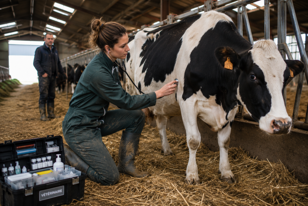 Vétérinaire rurale examinant une vache Prim'Holstein dans une exploitation laitière lors d'une visite sanitaire en élevage bovin.